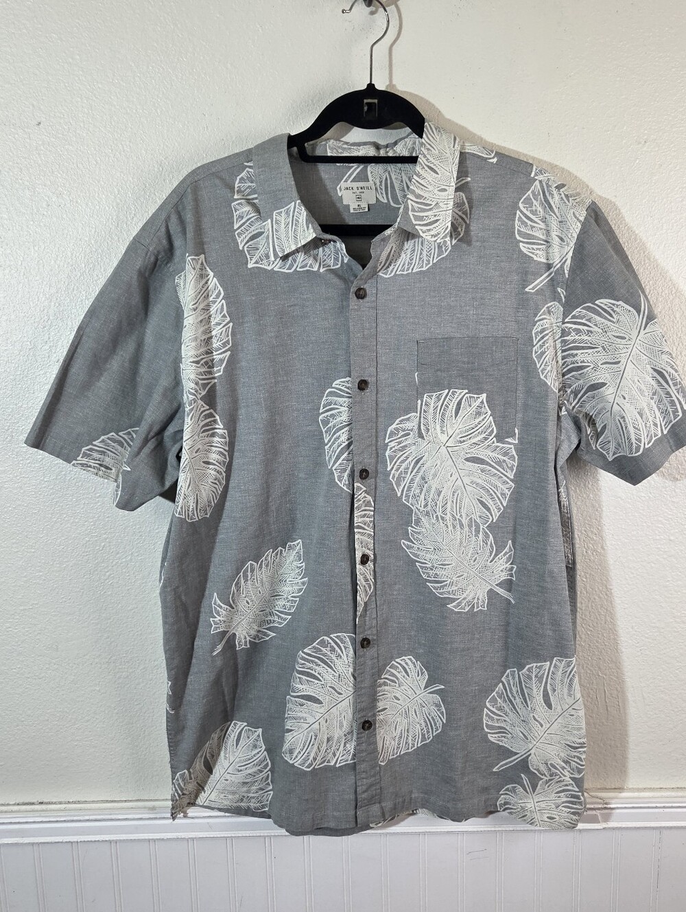 Jack O'Neill Shirt Mens XL Gray Tropical Leaf Button Up Relaxed Fit Cotton